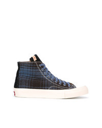 Navy Check Leather High Top Sneakers