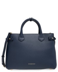 Navy Check Leather Tote Bag