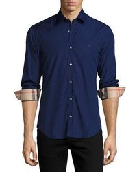 Burberry Check Detail Stretch Cotton Sport Shirt Indigo Blue