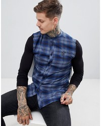 Siksilk Grandad Collar Check Shirt In Blue With Jersey Sleeves