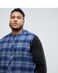 Siksilk Grandad Collar Check Shirt In Blue With Jersey Sleeves To Asos