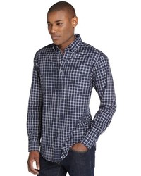 Zegna Sport Navy And White Check Cotton Spread Collar Long Sleeve Shirt