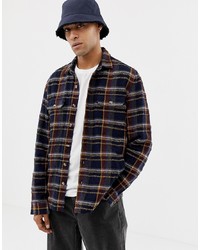ASOS DESIGN Textured Check Overshirt In Navy And Brown