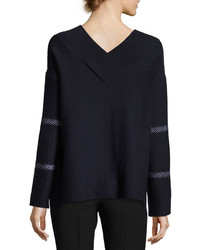 Armani Collezioni Check Virgin Wool Cashmere V Neck Sweater Navy