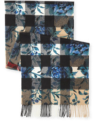 Burberry Large Peony Flower Mega Check Cashmere Scarf Ink