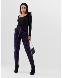 PrettyLittleThing Paper Bag Waist Trousers In Navy Check