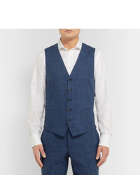 Thom Sweeney Blue Checked Wool Silk And Linen Blend Waistcoat