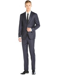 Canali Navy Windowpane Check Wool Two Button Flat Front Pants Suit