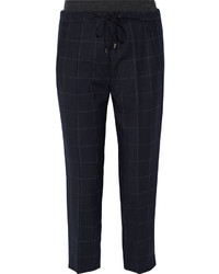 Brunello Cucinelli Cropped Checked Stretch Wool Twill Tapered Pants Midnight Blue