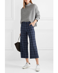 Veronica Beard Madds Cropped Checked Wool Blend Wide Leg Pants