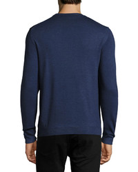 Armani Collezioni Enlarged Chevron Virgin Wool Crewneck Sweater Blue