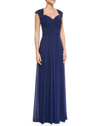 La Femme Belted Lace Chiffon Gown Navy