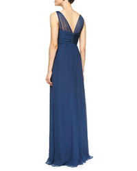 Amsale Mesh Overlay Pleated Bodice Gown French Blue