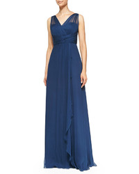 Amsale Mesh Overlay Pleated Bodice Gown French Blue