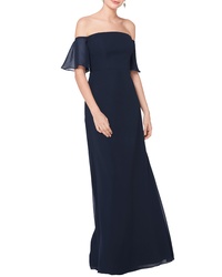 Levkoff Off The Shoulder Fluted Sleeve Chiffon Gown