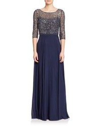 Kay Unger Sequined Lace Chiffon Gown