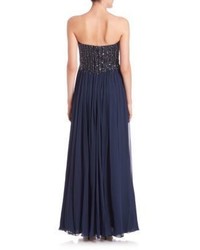 David Meister Strapless Beaded Bodice Chiffon Gown