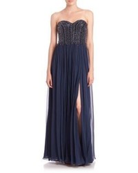 David Meister Strapless Beaded Bodice Chiffon Gown