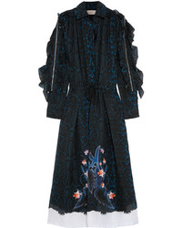 Preen by Thornton Bregazzi Abigal Ruffled Printed Silk Chiffon Midi Dress Navy