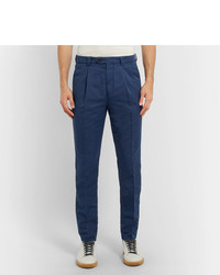 Brunello Cucinelli Navy Tapered Linen And Cotton Blend Trousers