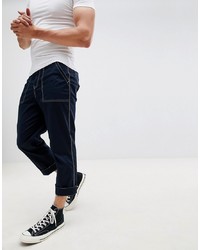 ASOS DESIGN Relaxed Cropped Trousers In Navy With White Stitching