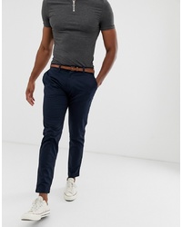 Pull&Bear Skinny Chino With Belt In Navy Blue