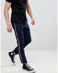 ASOS DESIGN Slim Trousers In Navy With Aztec Side Tape