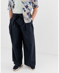 ASOS WHITE Volume Trousers In Dark Navy Paper Touch Cotton