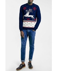 Topman Reindeer Christmas Intarsia Knit Sweater