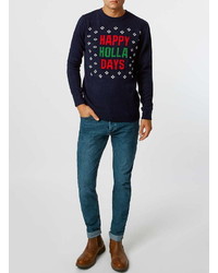 Topman Navy Happy Holla Days Crew Neck Christmas Sweater