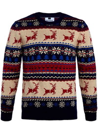 Topman Navy Reindeer Crew Neck Christmas Sweater