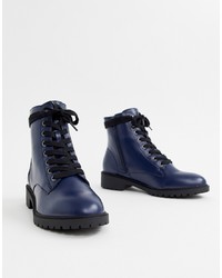 Navy Chunky Leather Lace-up Flat Boots