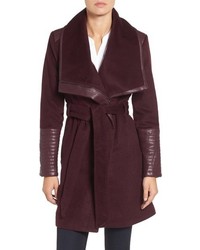Belle Badgley Mischka Lorian Faux Leather Trim Belted Asymmetrical Wool Blend Coat