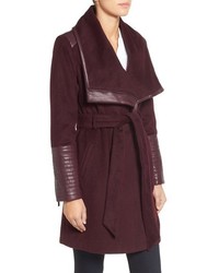 Belle Badgley Mischka Lorian Faux Leather Trim Belted Asymmetrical Wool Blend Coat