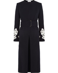 Victoria Beckham Belted Appliqud Wool And Cotton Blend Coat Midnight Blue