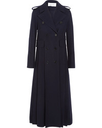 Valentino Double Breasted Pleated Wool Coat Navy