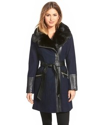 Via Spiga Faux Leather Faux Fur Trim Belted Wool Blend Coat