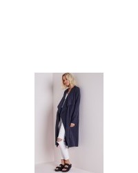 Missguided Waterfall Collarless Trench Coat Navy