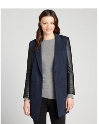 Kai-aakmann Navy And Black Cotton Blend Faux Leather Sleeve Coat