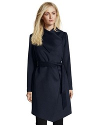 Diane von Furstenberg Navy Wool Blend Shawl Collar Belted Wrap Coat