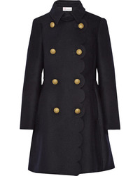 RED Valentino Redvalentino Scalloped Double Breasted Wool Blend Coat Midnight Blue