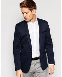 Asos Brand Skinny Blazer In Jersey With Piping In Navy