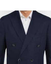 Hackett Blue Slim Fit Double Breasted Cotton And Wool Blend Hopsack Blazer