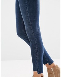 Asos Collection Lisbon Skinny Mid Rise Jeans In Dark Wash With Stepped Hem