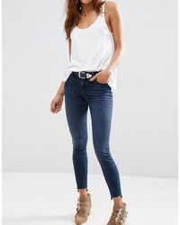 Asos Collection Lisbon Skinny Mid Rise Jeans In Dark Wash With Stepped Hem
