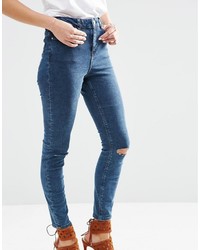 Asos Collection Tall Ridley High Waist Skinny Jeans With Knee Rips In Mottled Dark Wash