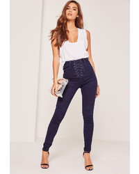 Missguided High Waisted Lace Up Skinny Jeans Blue