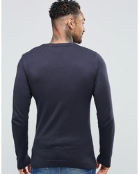Asos Brand Crew Neck Sweater In Navy Cotton