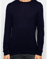 Asos Brand Crew Neck Sweater In Navy Cotton