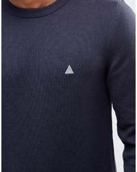 Asos Brand Crew Neck Sweater In Navy Cotton With Logo